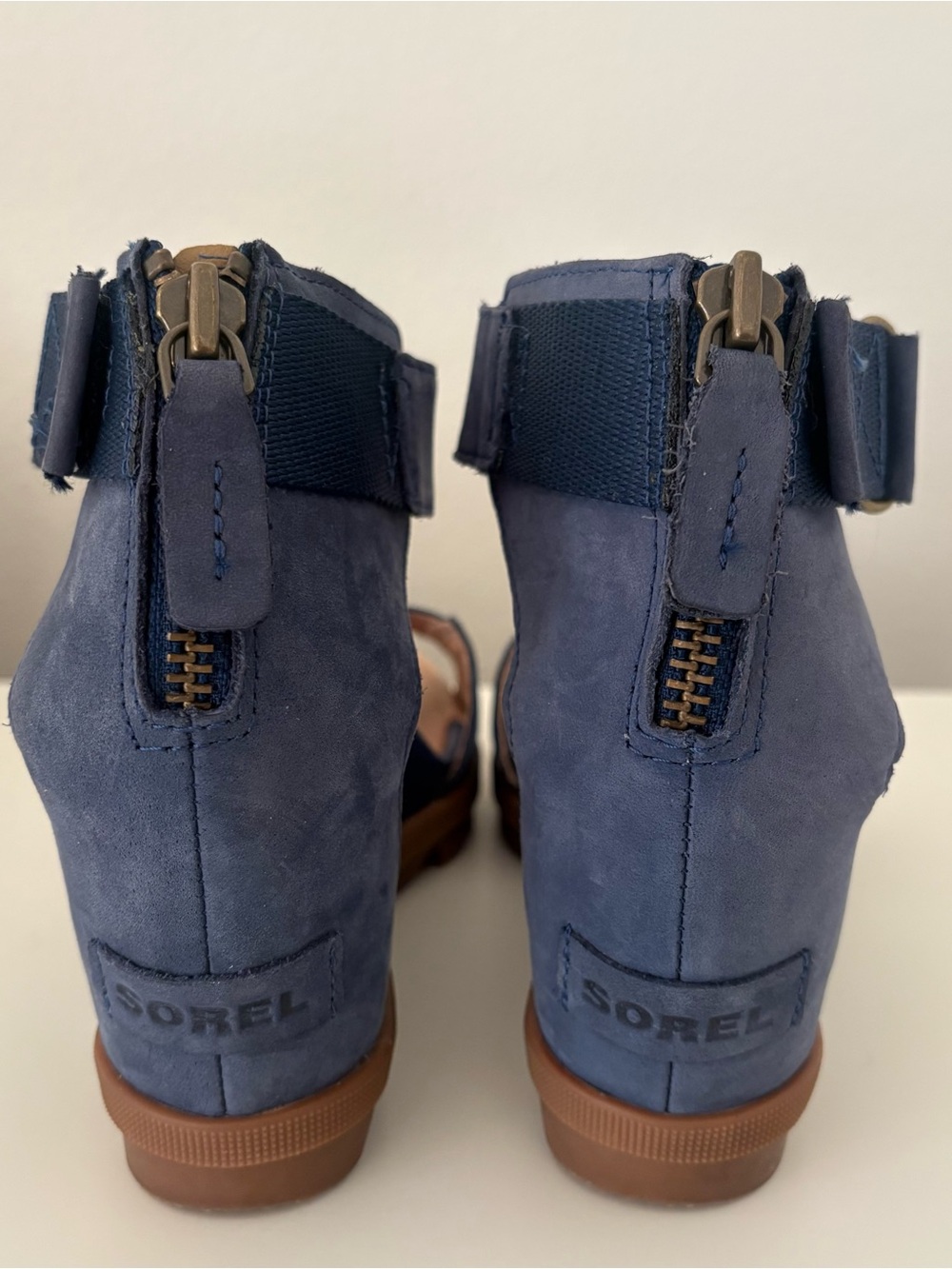 Sorel Joanie II Full Grain Leather Sandal Wedges Blue Tan Women Size 8 - Picture 5 of 8